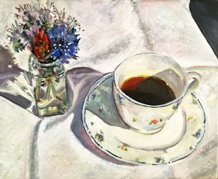 A Cup of Black Coffee with Flowers by Jurakuba art oil painting on canvas 30 x 24 768x629