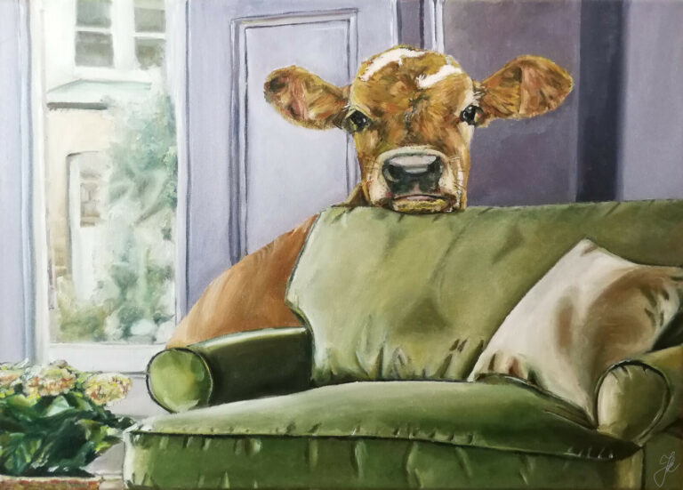 Chortensia the Cow Behind a Sofa by Jura Kuba Art oil painting on stretched canvas 768x551