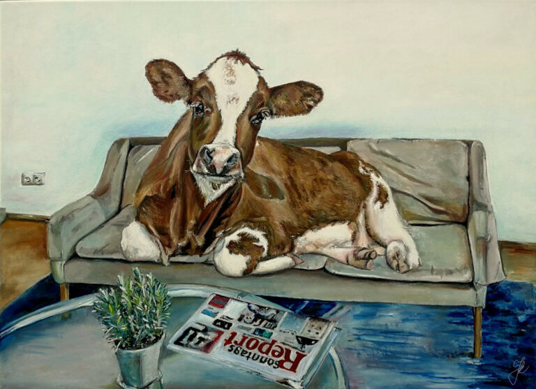 Cow on sofa oil painting by Jurakuba Art on stretched canvas 100 x 73 768x557