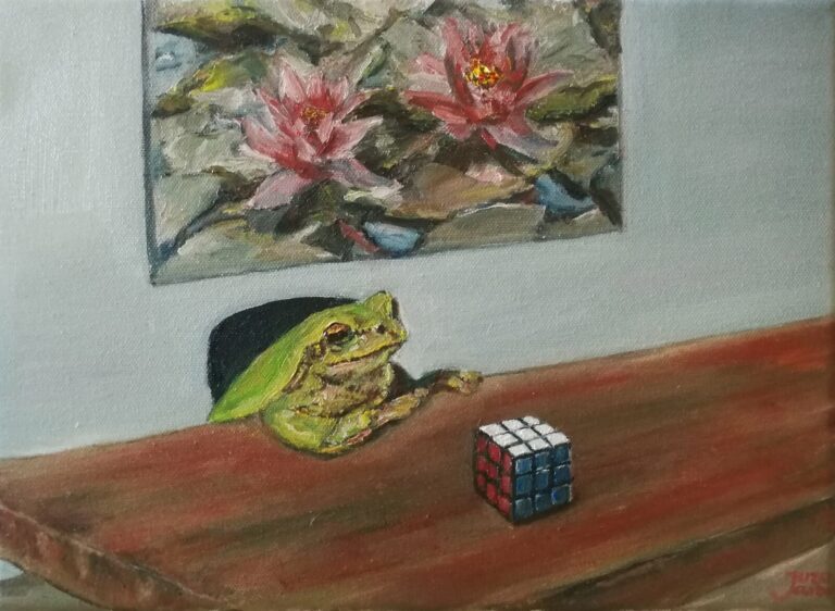 Frog at the Table Water Lilies Rubiks Cube by Jura Kuba Art Oil painting on stretched canvas 33 x 24 cm 768x562