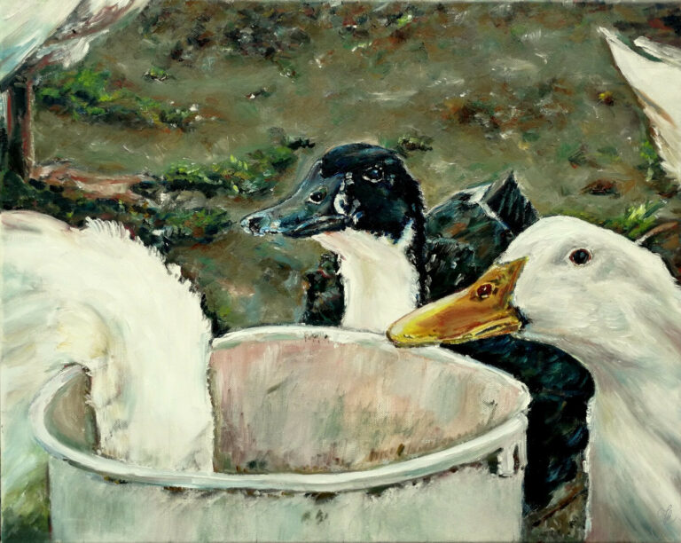 Geese around the bucket by Jura Kuba oil painting on canvas 50 x 40 cm 768x612