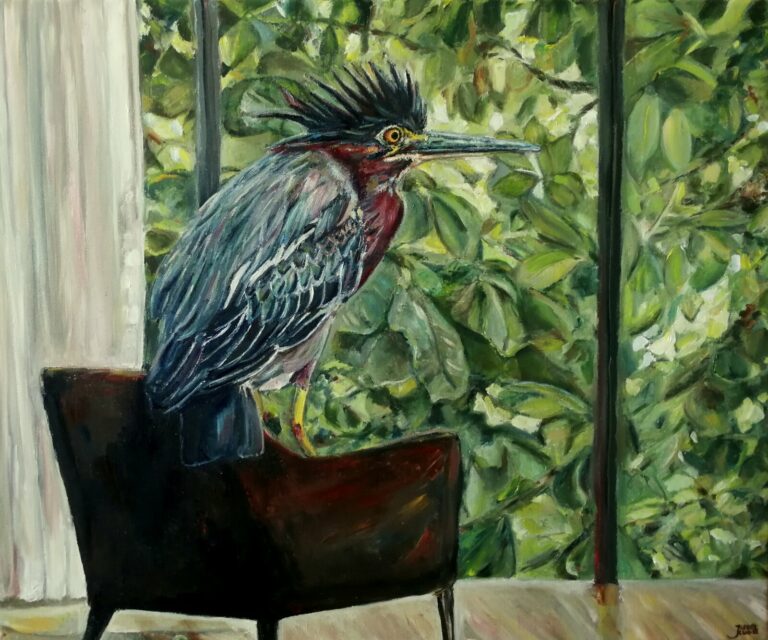 Green Heron on The Armchair by Jura Kuba Art Oil oainting on stretched canvas 60 x 50 cm 768x640