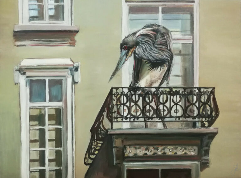 Grey Heron in Balcony by Jura Kuba Art Oil painting on stretched canvas 80 x 60 cm 768x567