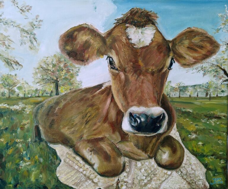 Kuh auf der Decke im Garten von Jura Kuba Art Oelgemaelde auf Leinwand von Jura Kuba Art 55 x 56 cm 768x636