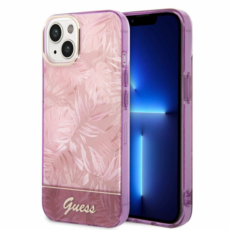 hulle fur iphone 14 guess kollektion jungle blumen rosa transparent 145766 768x768