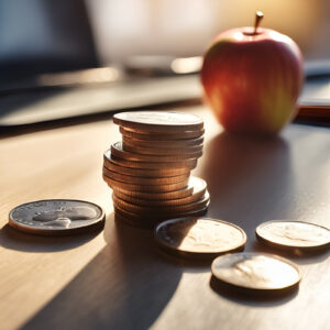 Münzen und Apfel auf Schreibtisch