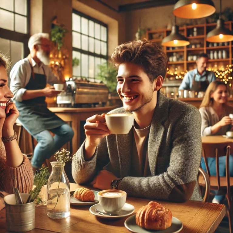 DALL·E 2024 10 22 15.53.12 A cozy cafe scene with a few people smiling and enjoying coffee together. One person is sipping from a cup while sitting at a wooden table and anothe 768x768