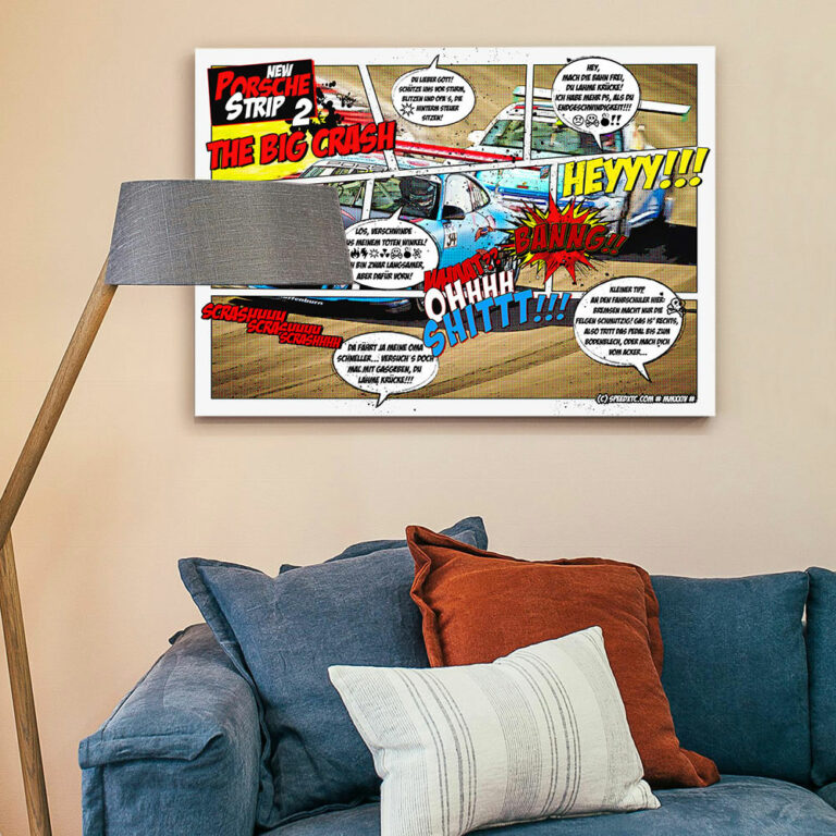 wandbild comic porsche motorsport crash 3 768x768